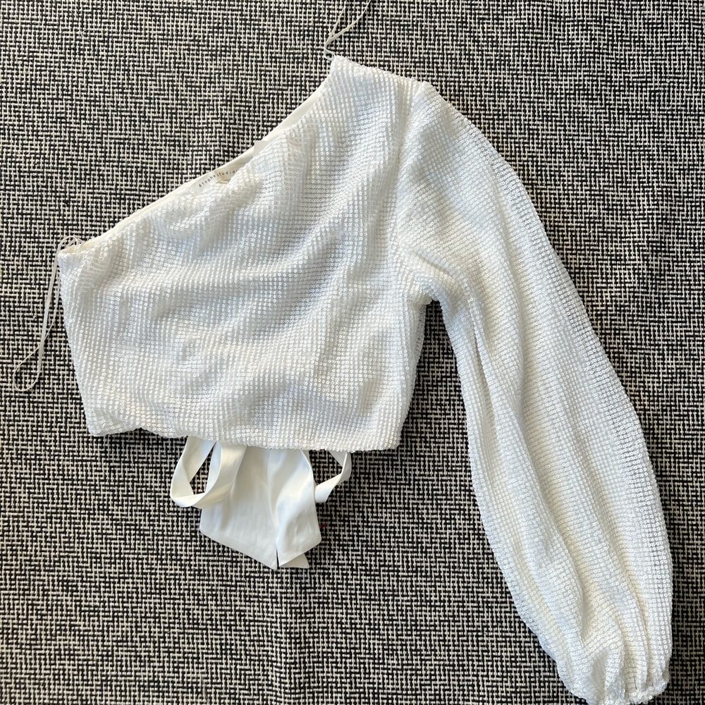 White One-Shoulder Sequin Textured Top